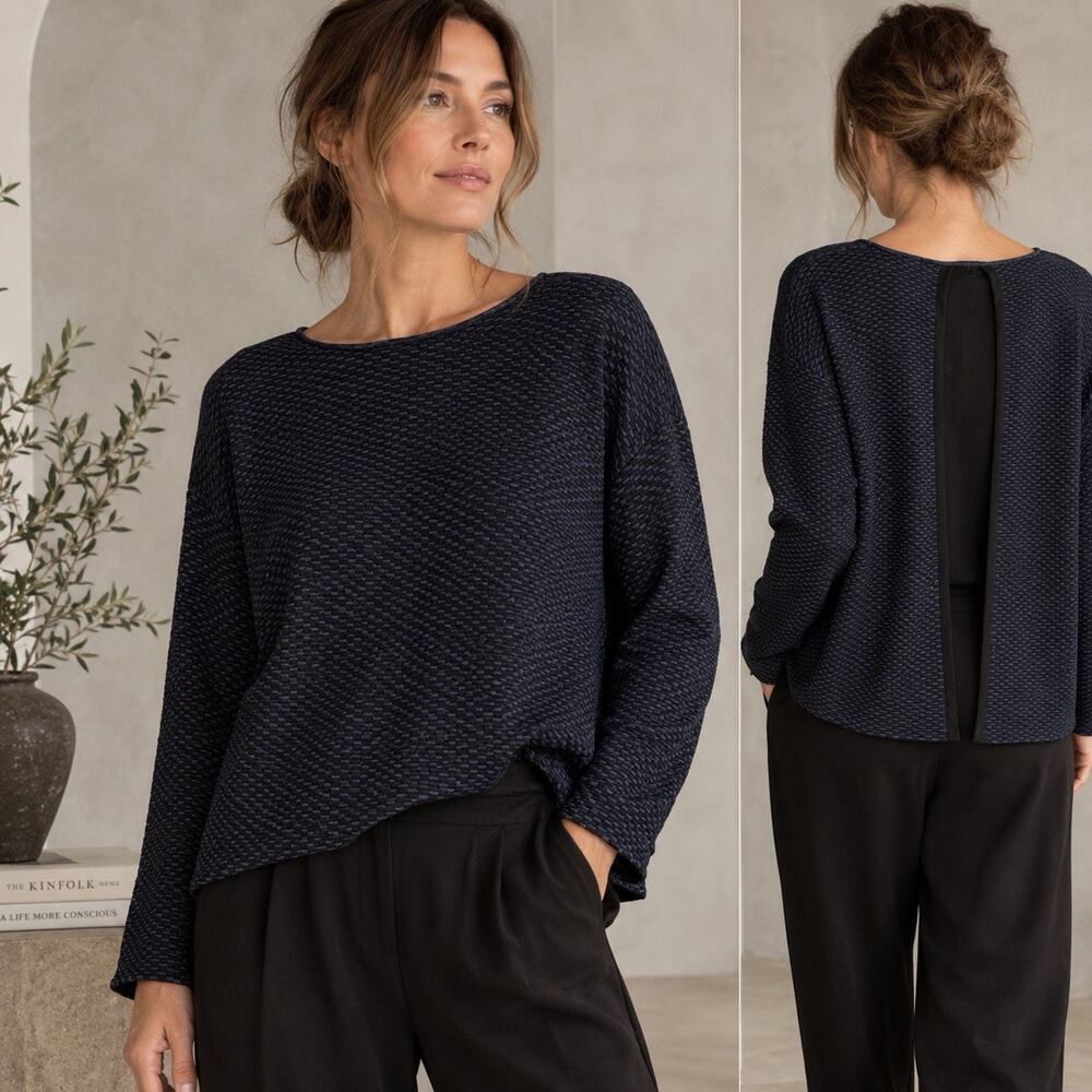 Eileen Fisher M Sleek Tencel Midnight Textured Knit Open Back Top NWT $335